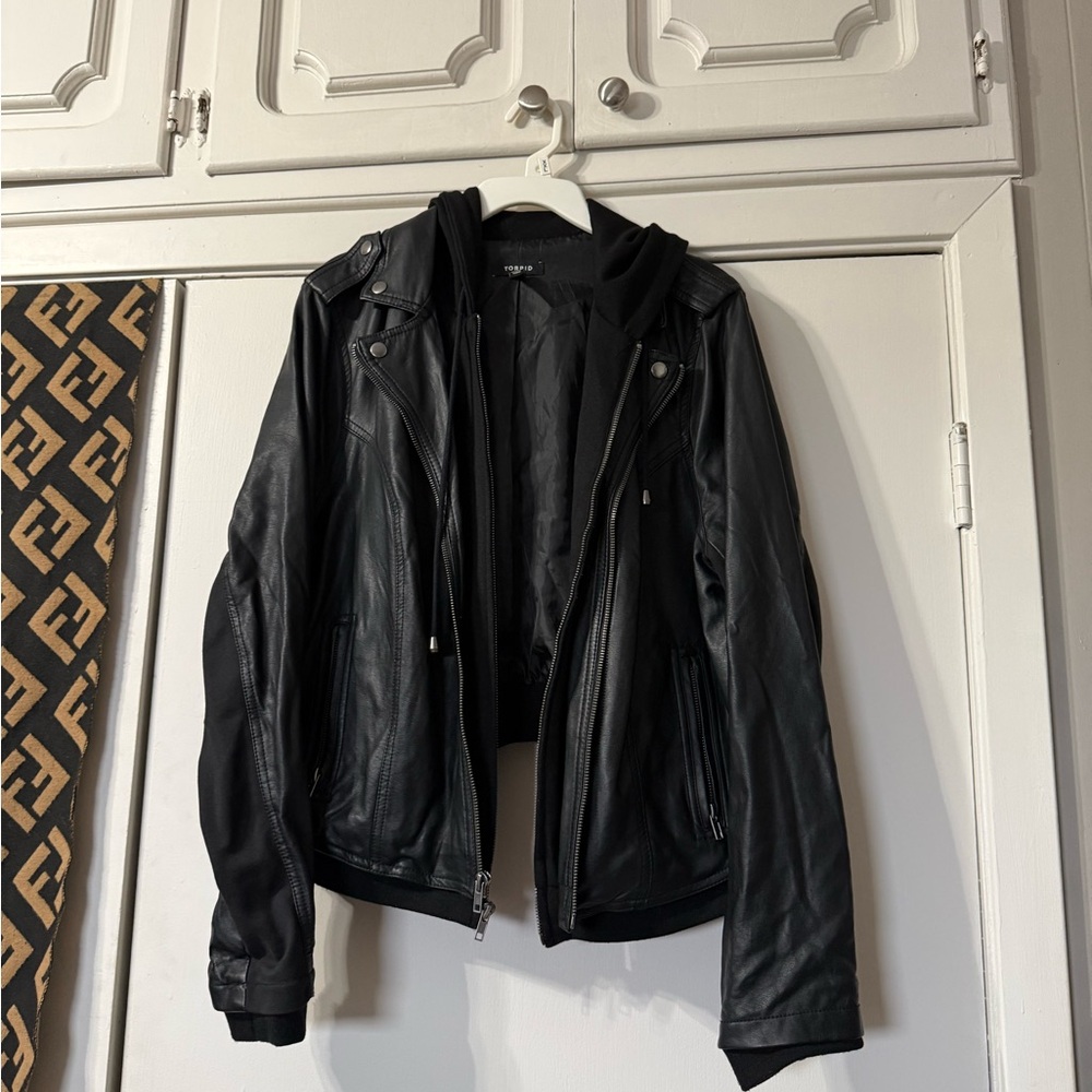 Cropped Black Faux Leather Jacket with Hoodie